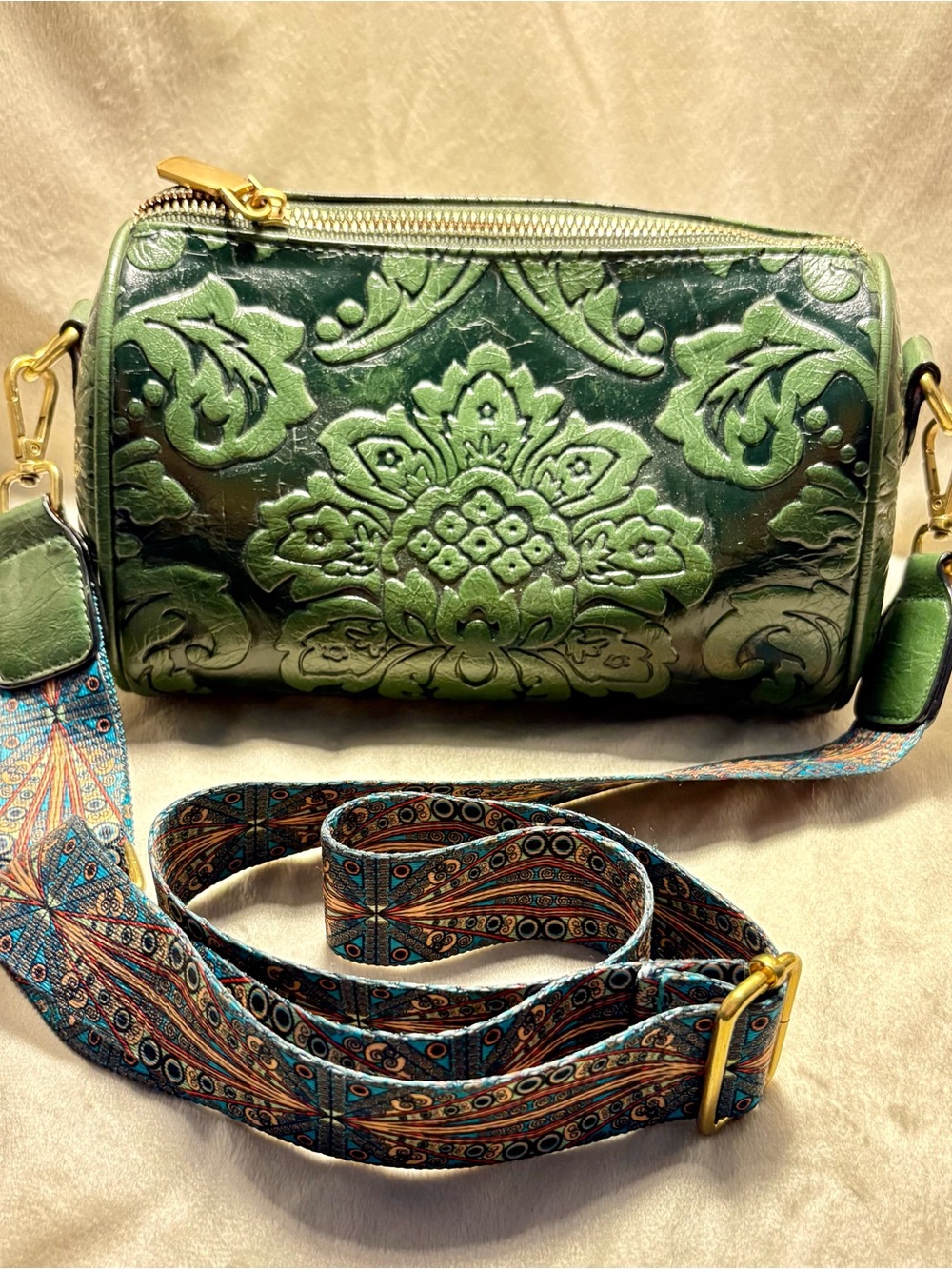 Green Embossed Floral Crossbody Bag Boho Tooled Leather Style Purse